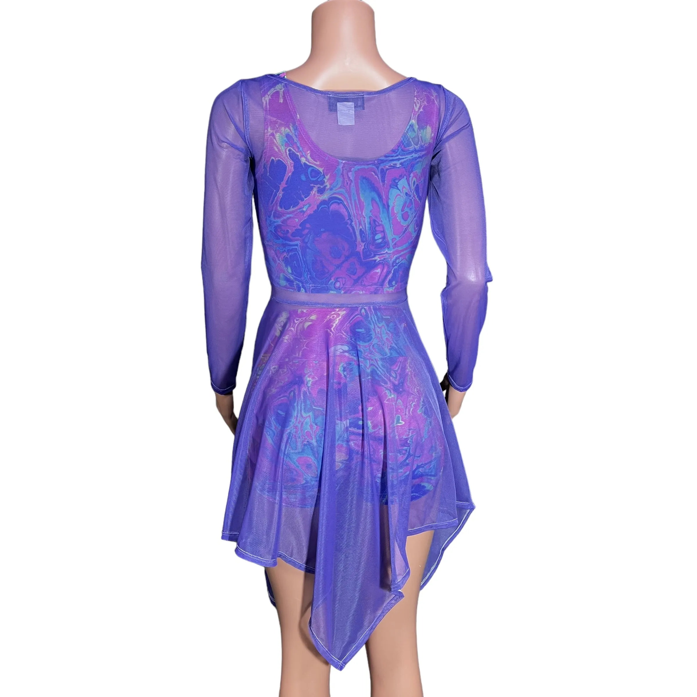 Lavender Purple Mesh Long Sleeve Lace-Up Open-Front Asymmetrical Dress - Sheer Rave Dress