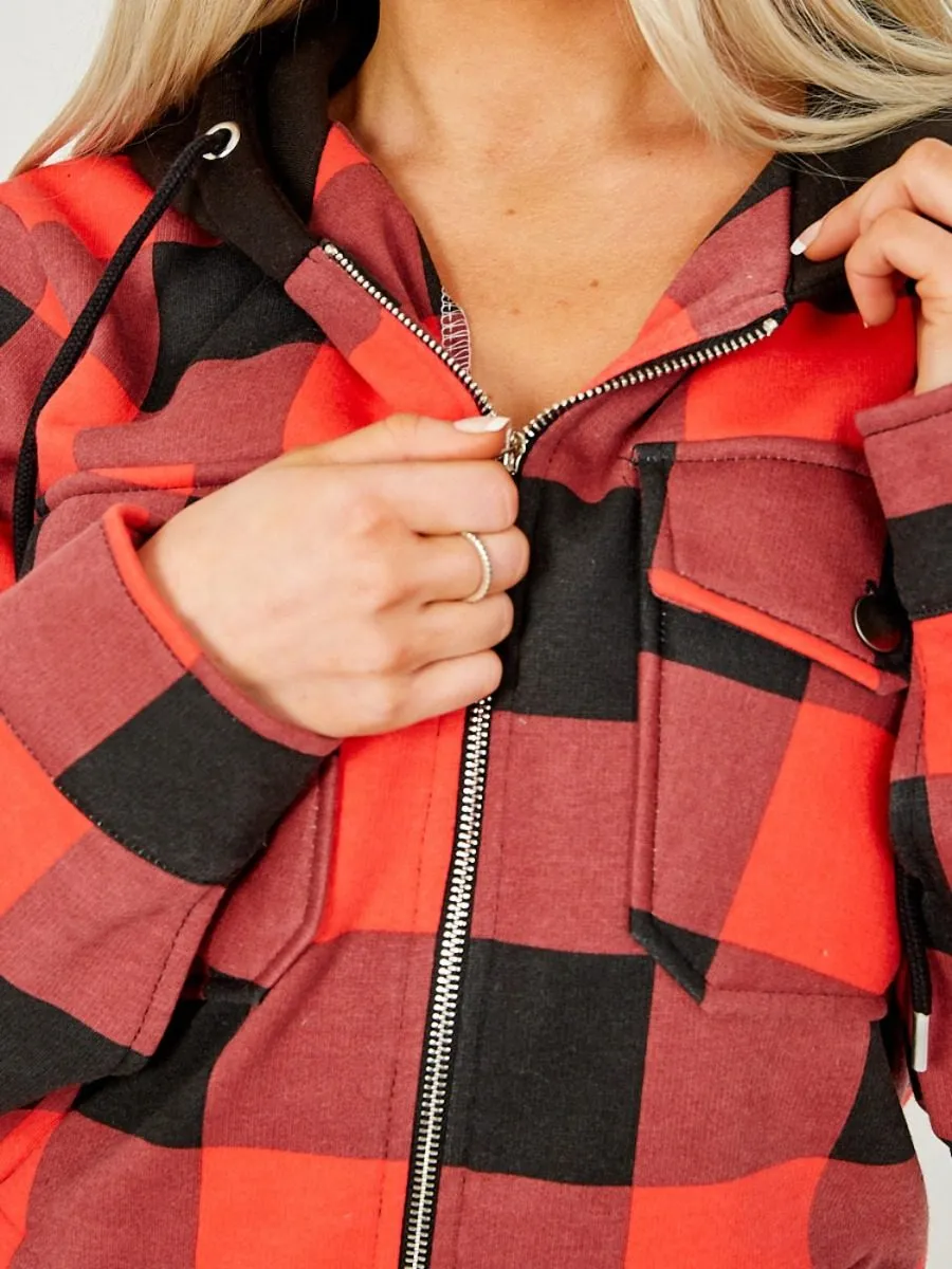 Lisa Thick Checked Shacket With Zip & Hood In Red