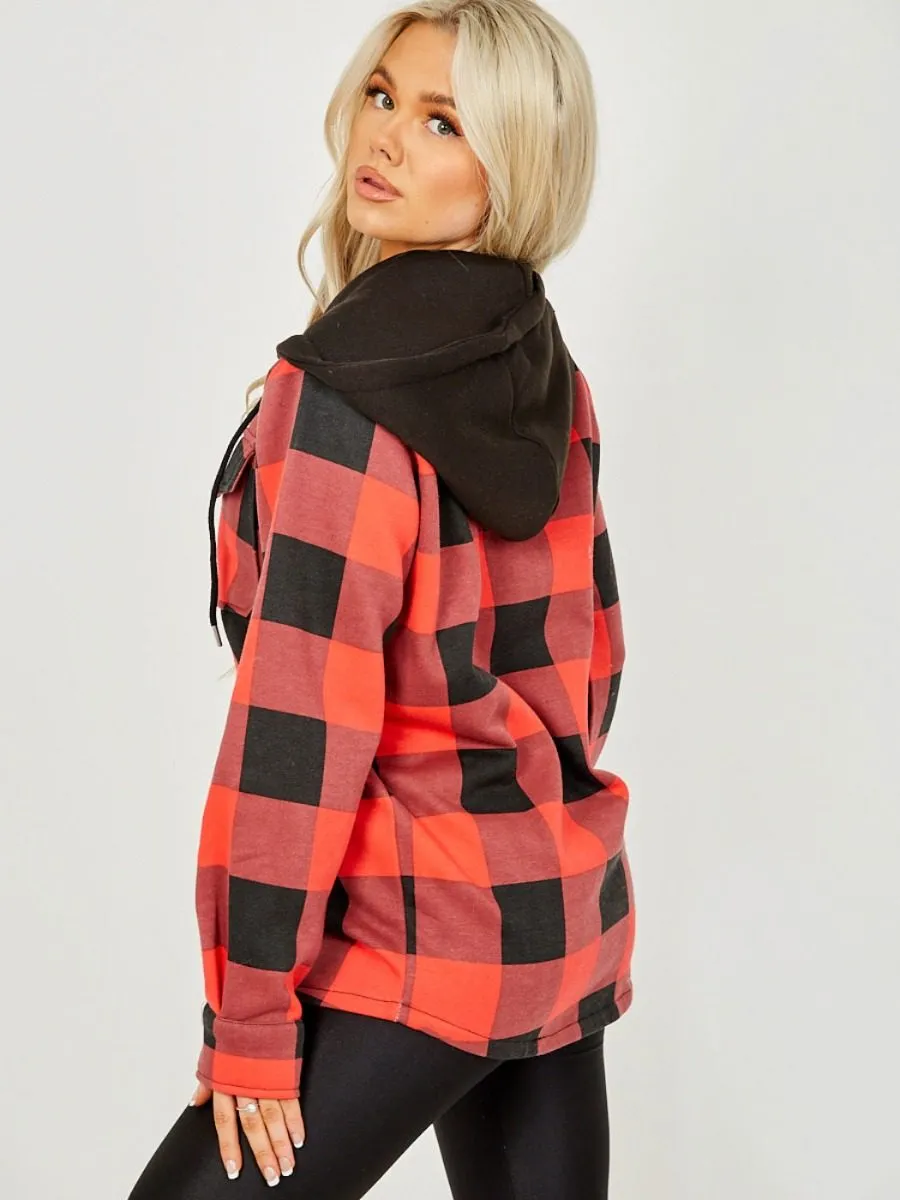 Lisa Thick Checked Shacket With Zip & Hood In Red