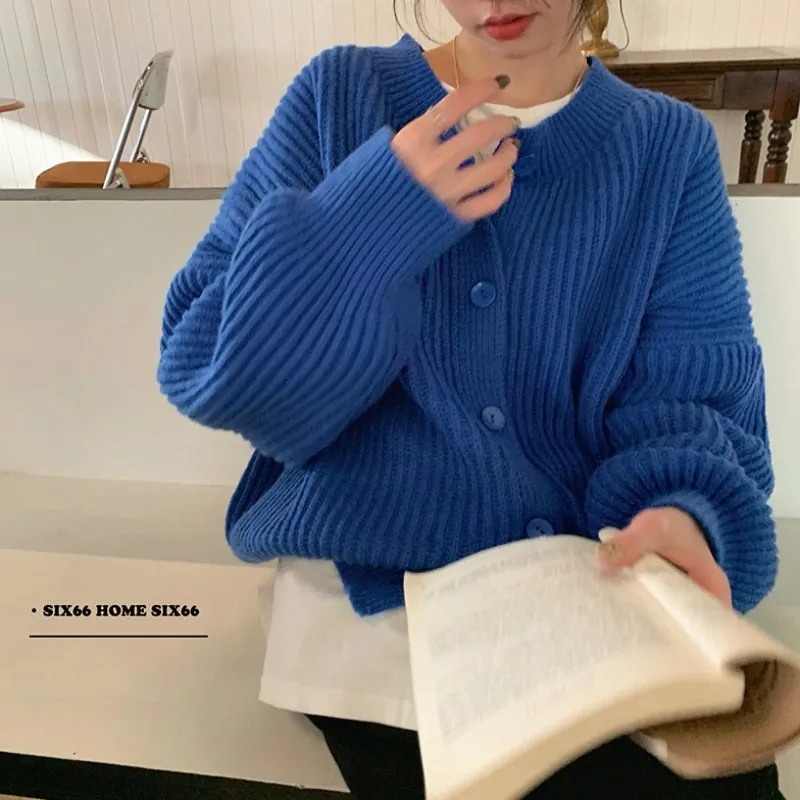 Loose Women Cardigan Sweater Designed Casual O Neck Blue Jumper Winter Thick Loose Female Knitted Coats Oversize Tops