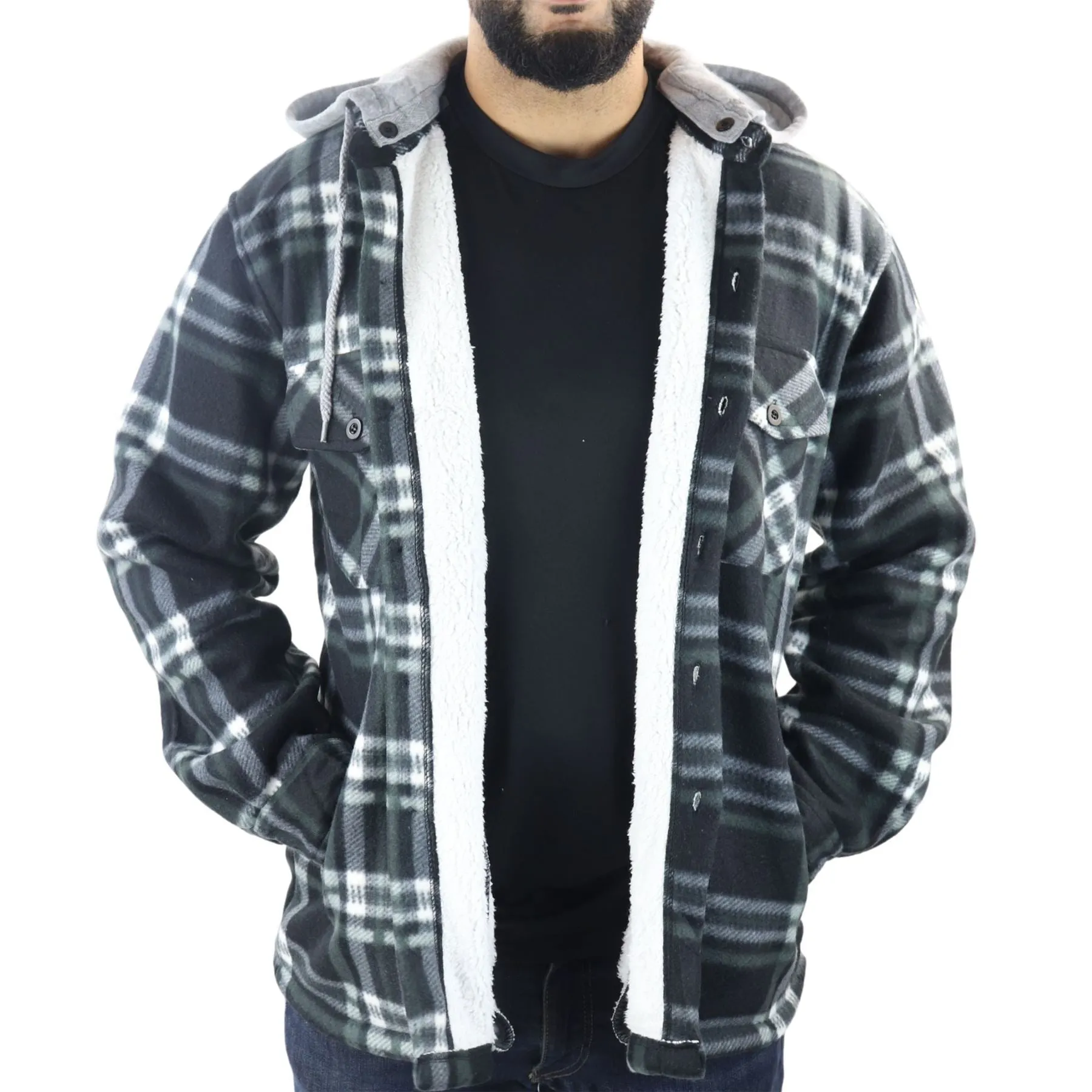 Men's Jumper Thermal Fleece Fur Lined Lumberjack Removable Hooded Buttoned Check Winter Shirt