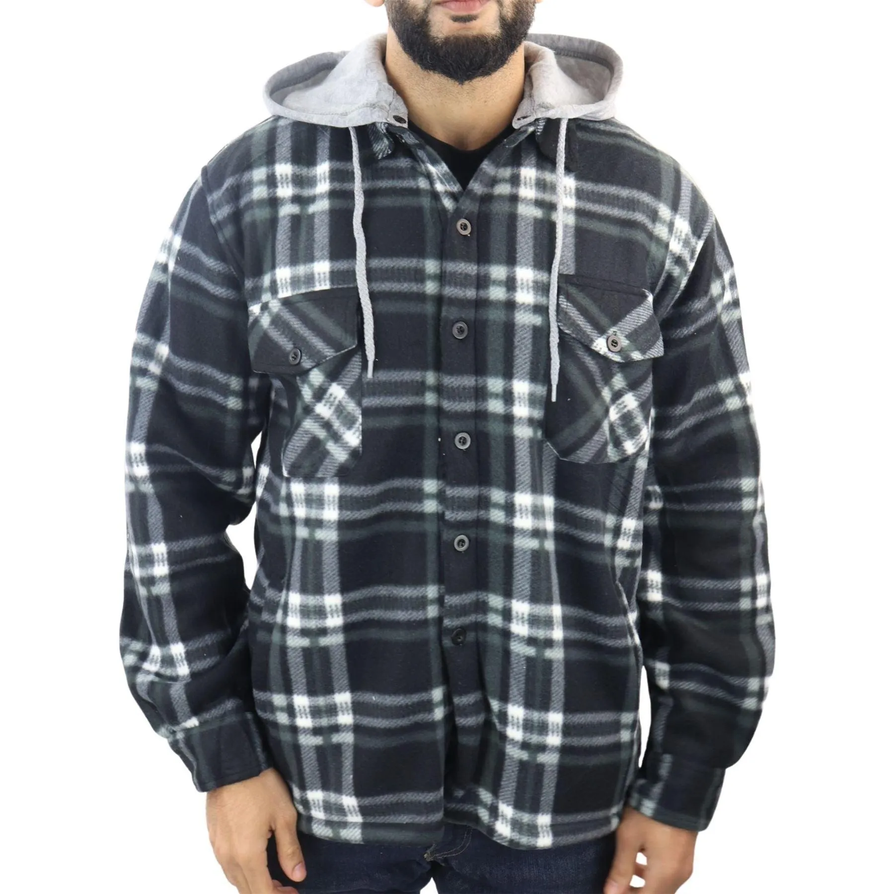 Men's Jumper Thermal Fleece Fur Lined Lumberjack Removable Hooded Buttoned Check Winter Shirt