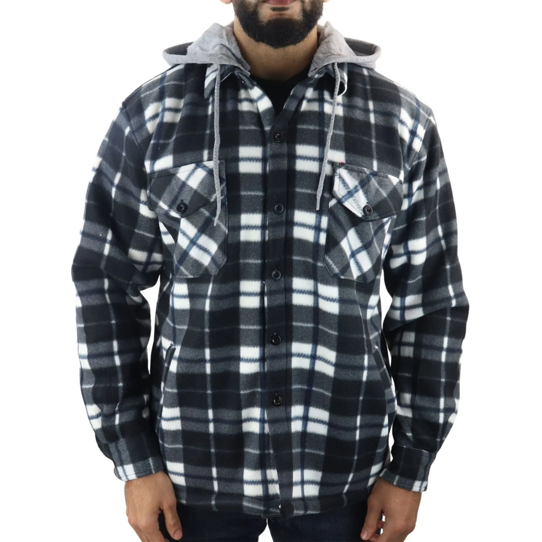 Men's Jumper Thermal Fleece Fur Lined Lumberjack Removable Hooded Buttoned Check Winter Shirt