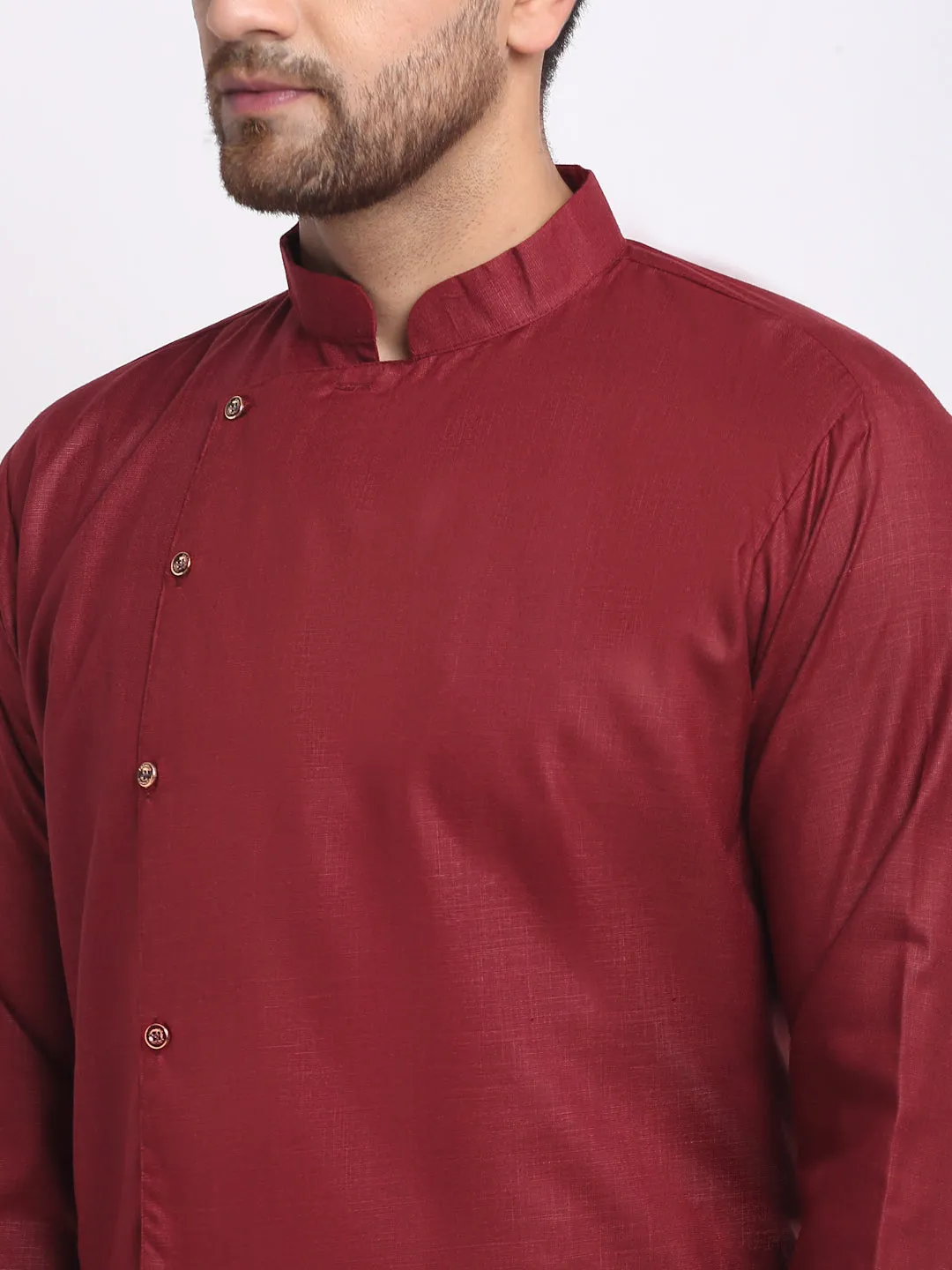 Men's Maroon Solid Angrakha Kurta With White Churidaar Pyjama - Benstoke