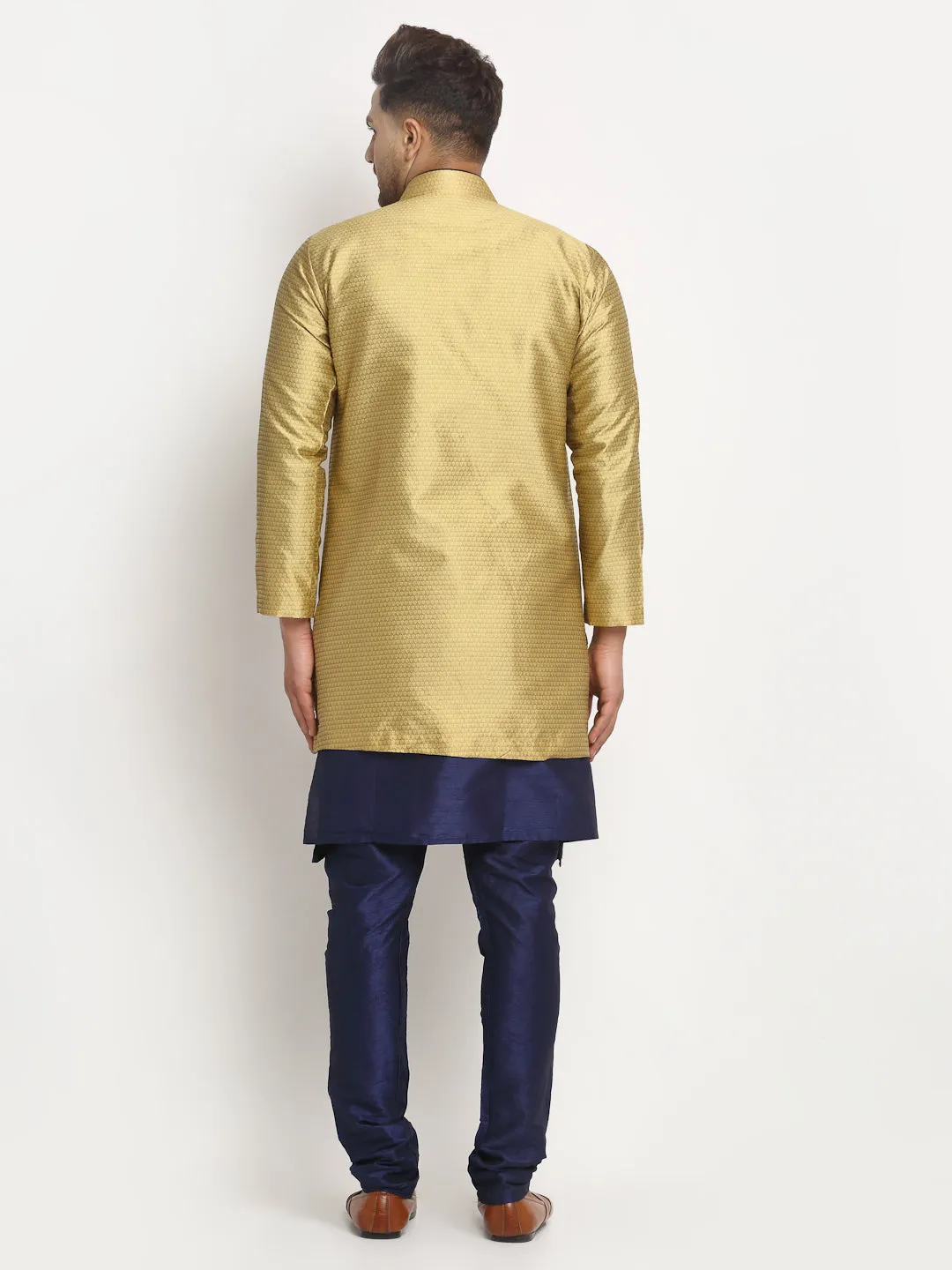 Men's Navy Blue Kurta With Pyjama & Gold Self Design Jacket - Benstoke