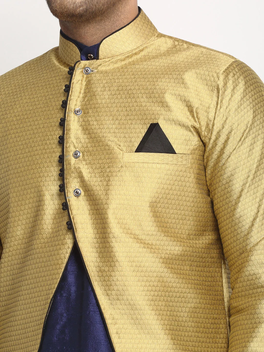 Men's Navy Blue Kurta With Pyjama & Gold Self Design Jacket - Benstoke