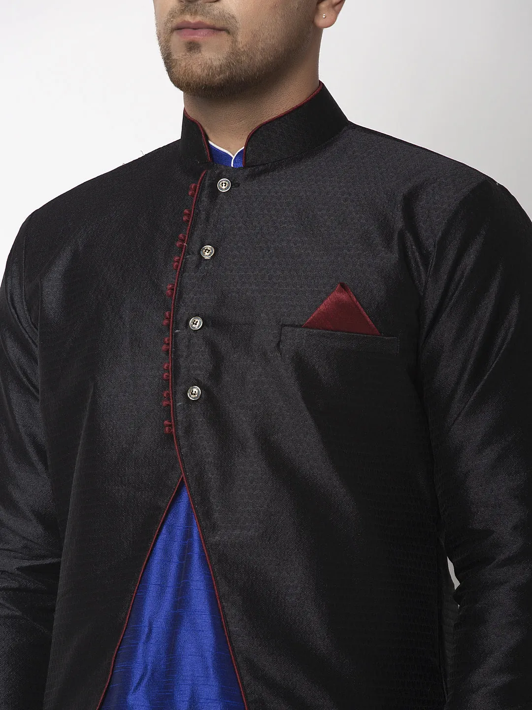 Men's Royal Blue Kurta With Pyjama & Black Self Design Jacket - Benstoke