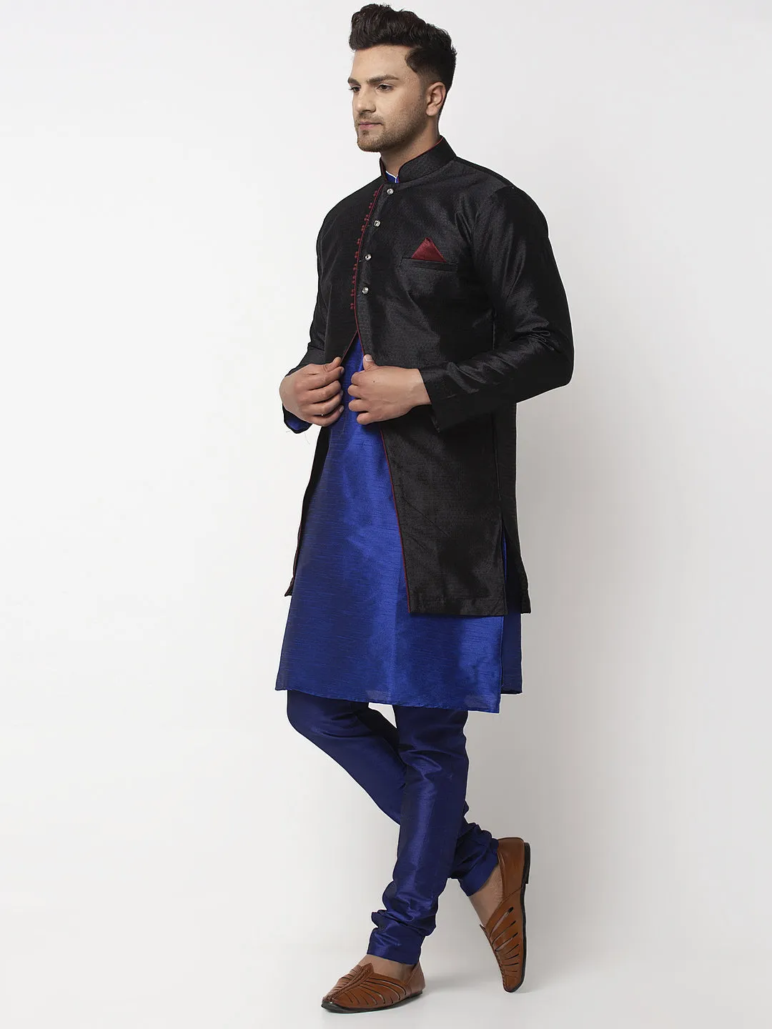 Men's Royal Blue Kurta With Pyjama & Black Self Design Jacket - Benstoke