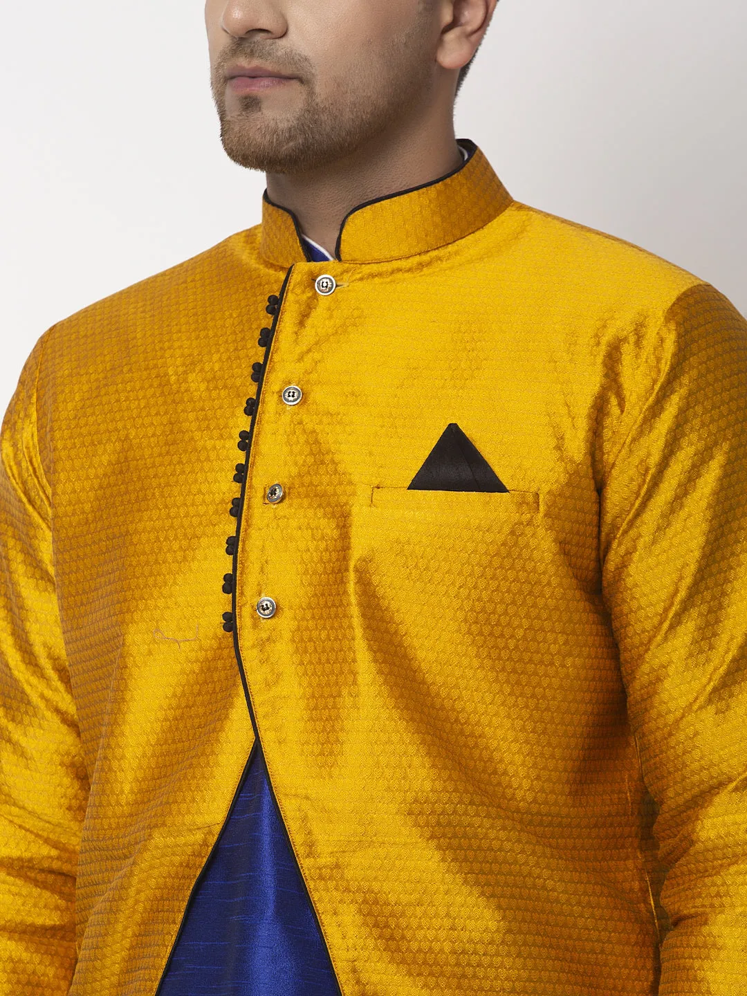 Men's Royal Blue Kurta With Pyjama & Mustard Self Design Jacket - Benstoke