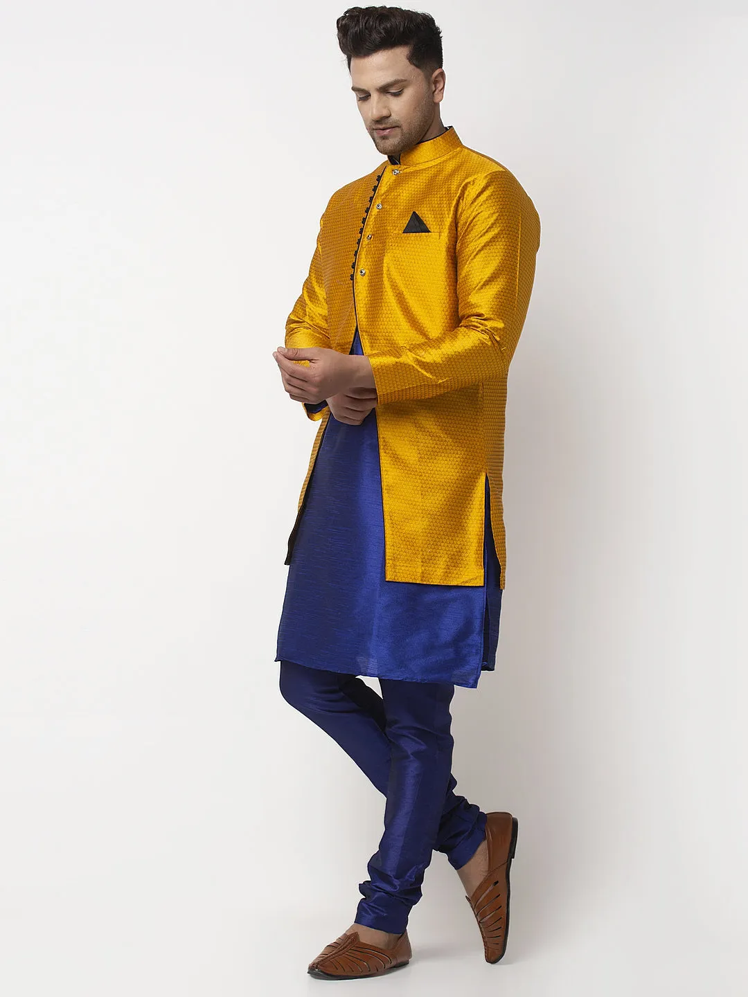 Men's Royal Blue Kurta With Pyjama & Mustard Self Design Jacket - Benstoke