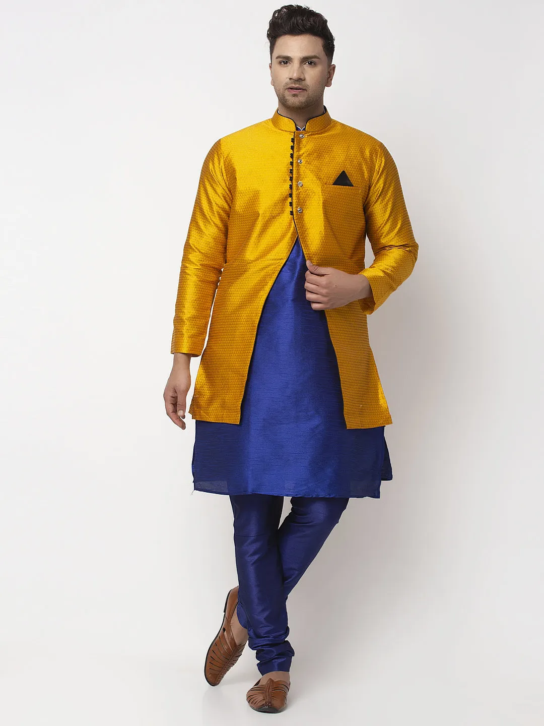 Men's Royal Blue Kurta With Pyjama & Mustard Self Design Jacket - Benstoke