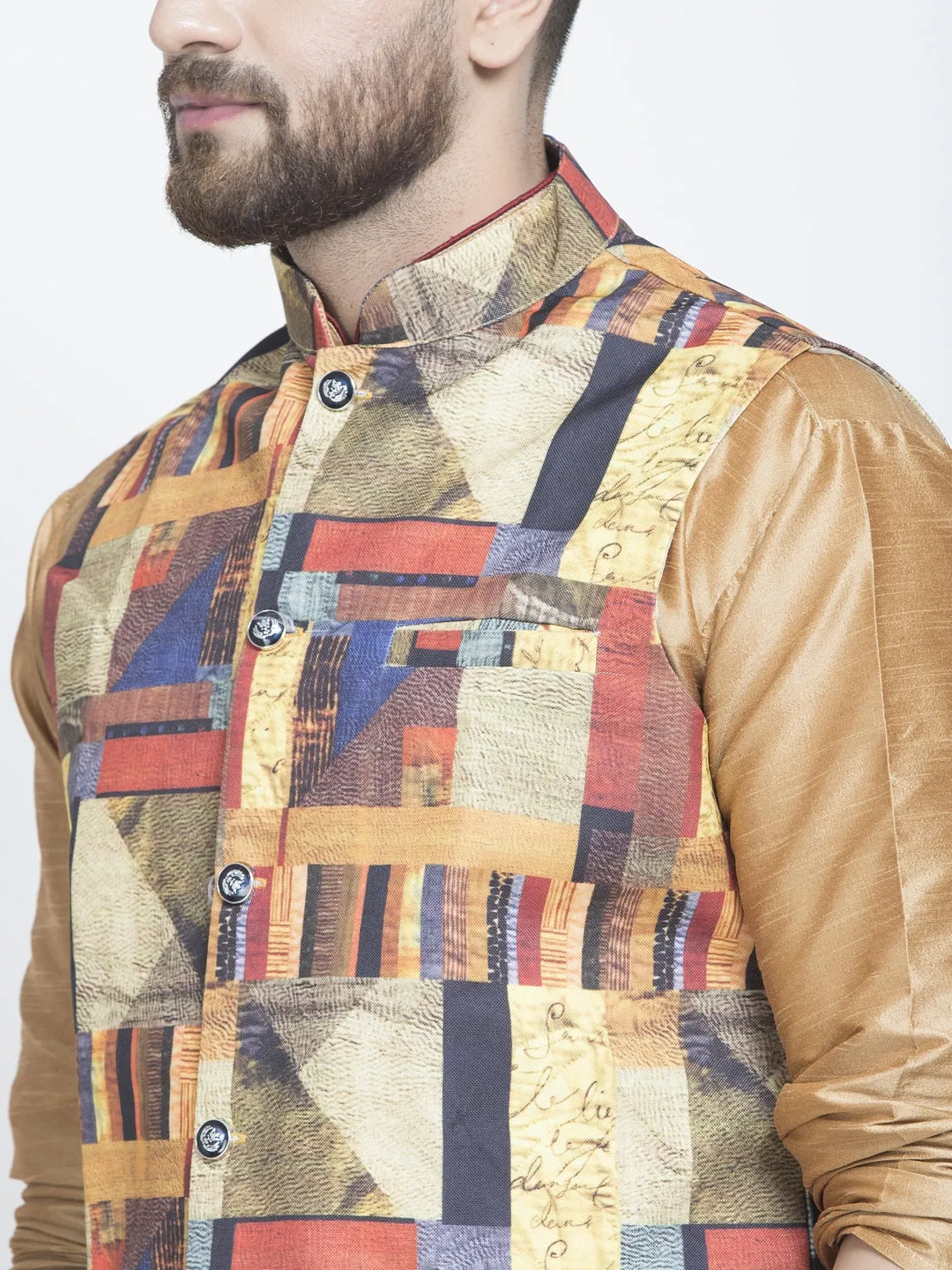 Men's Silk Blend Copper Kurta With Pyjama & Multicolor Printed Nehru Jacket - Benstoke