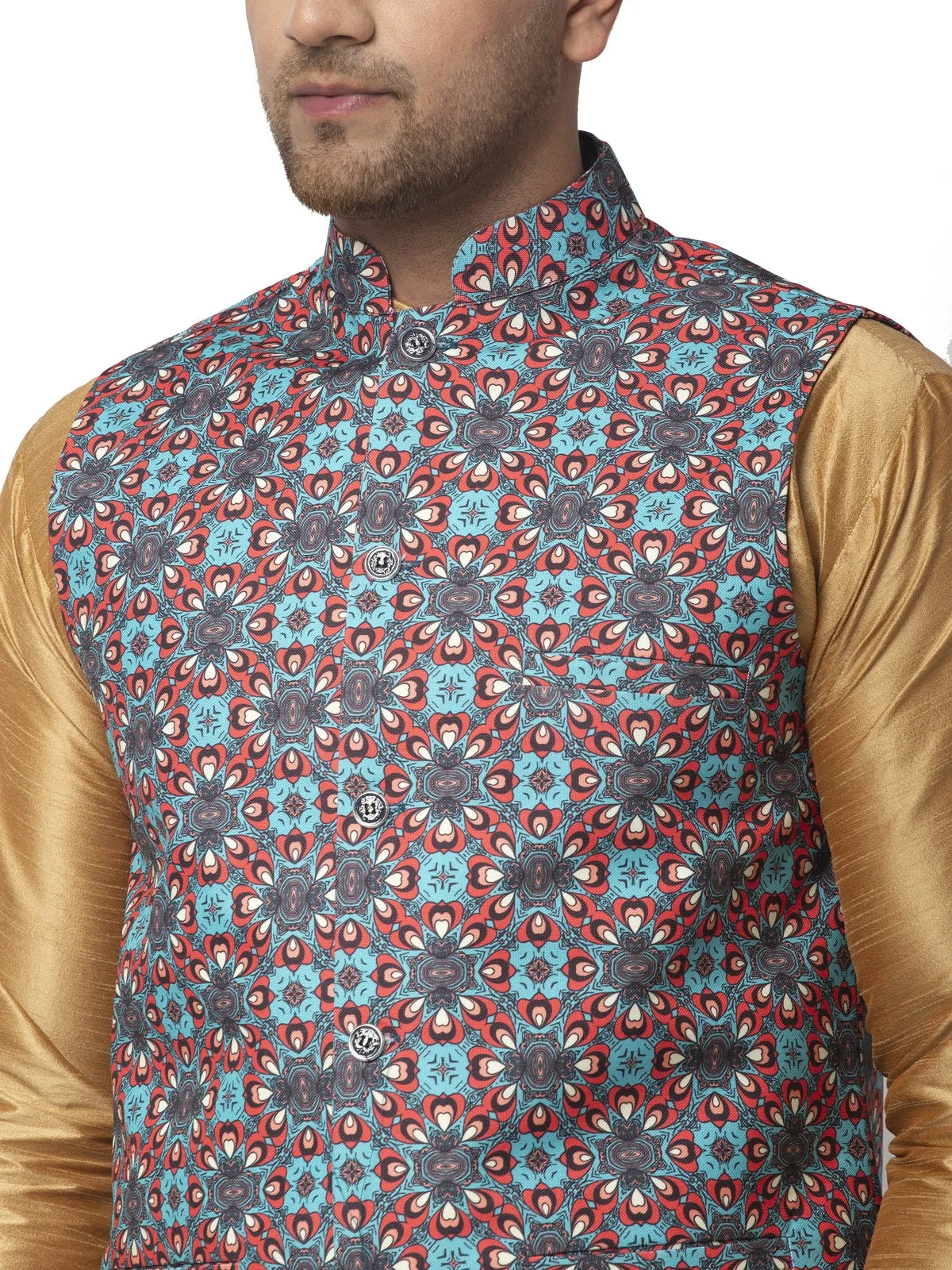 Men's Silk Blend Copper Kurta With Pyjama & Sky Blue Printed Nehru Jacket - Benstoke