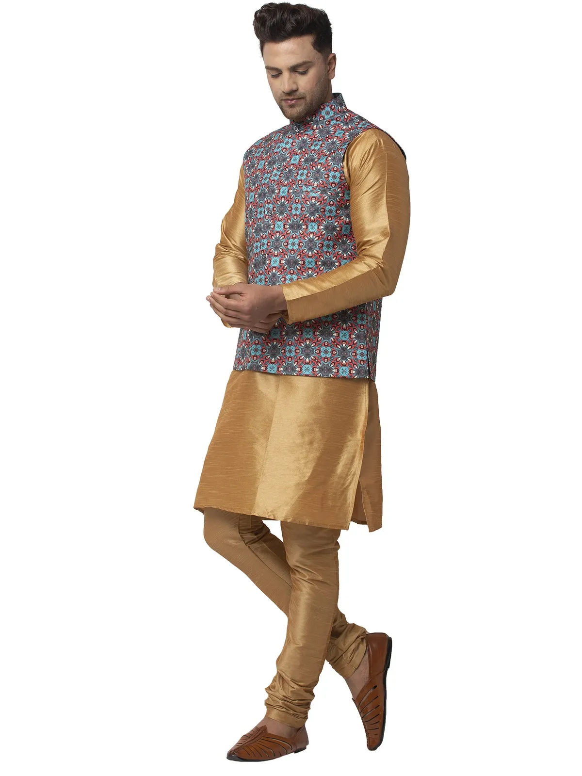 Men's Silk Blend Copper Kurta With Pyjama & Sky Blue Printed Nehru Jacket - Benstoke