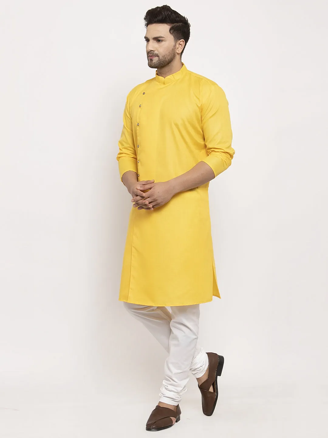 Men's Yellow Solid Kurta With White Churidaar Pyjama - Benstoke