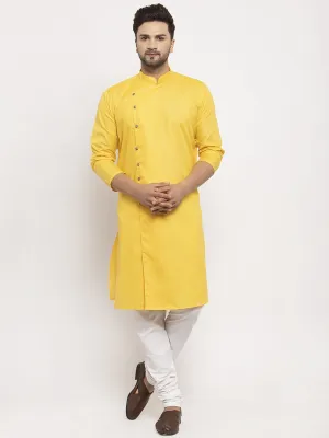 Men's Yellow Solid Kurta With White Churidaar Pyjama - Benstoke