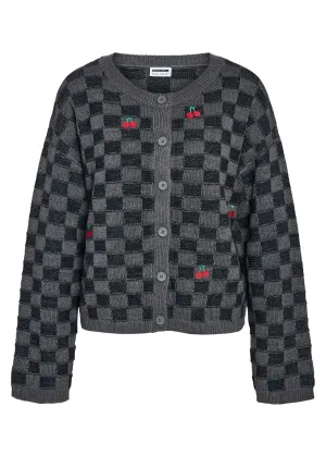 Noisy May - Charcoal Check Cardigan with Cherry Embroidery