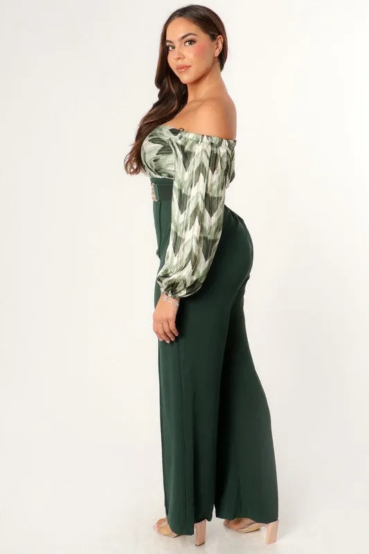 Off Shoulder Belted Wide Leg Jumpsuit