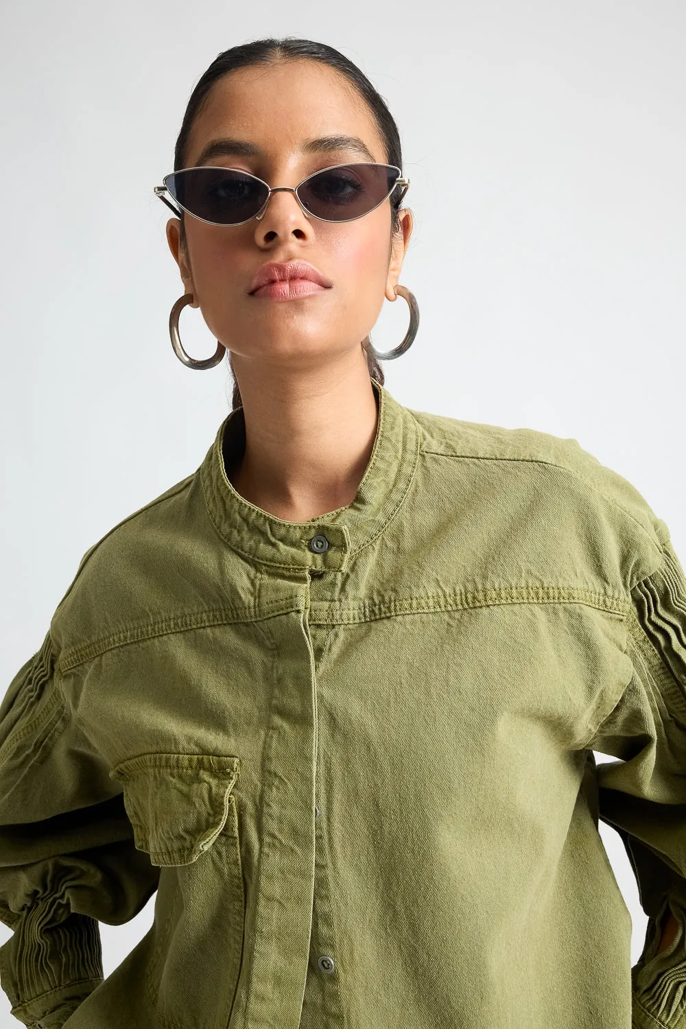 Olive Green Shacket With Pleats