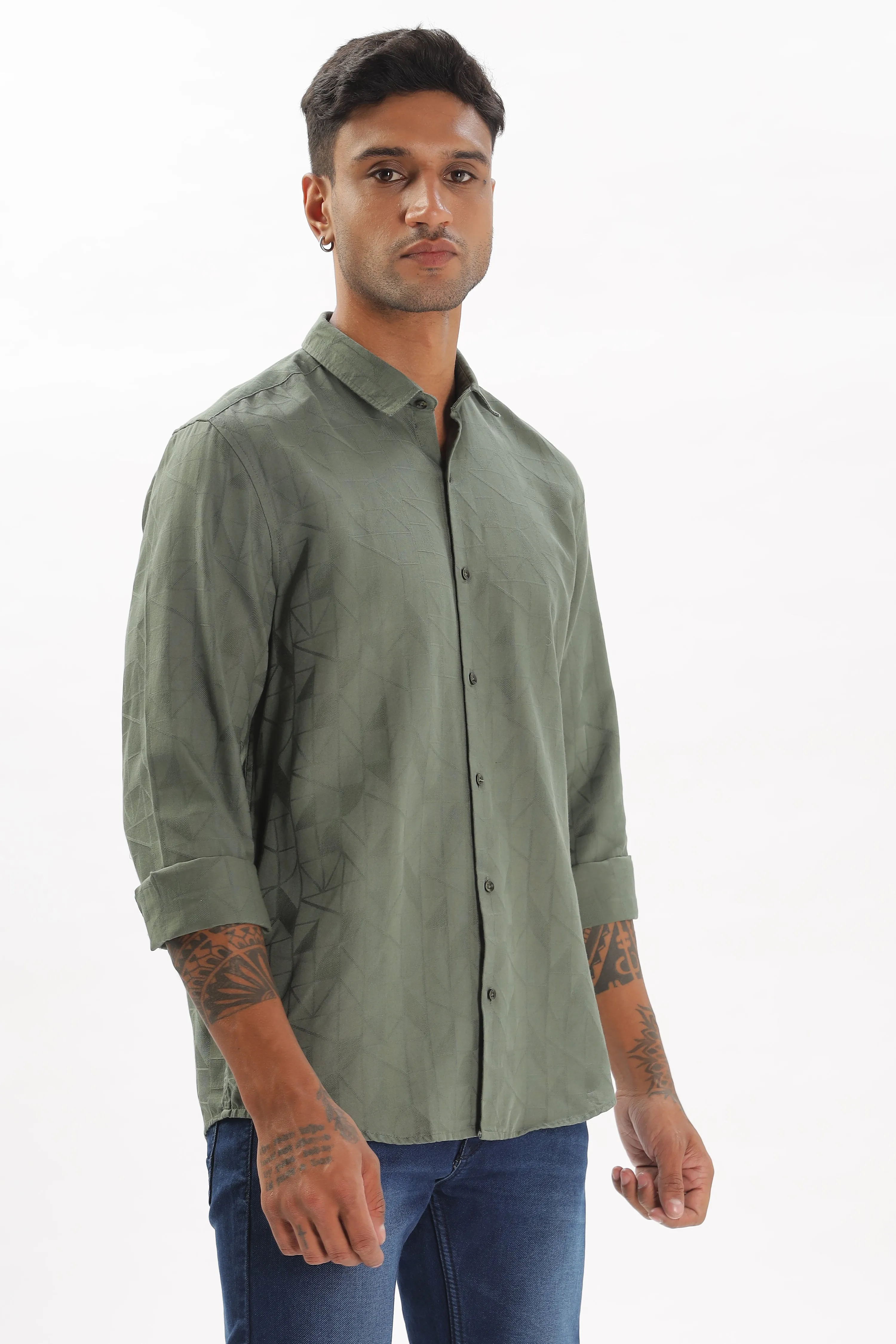 Olive Green Textured Party Wear Shirt