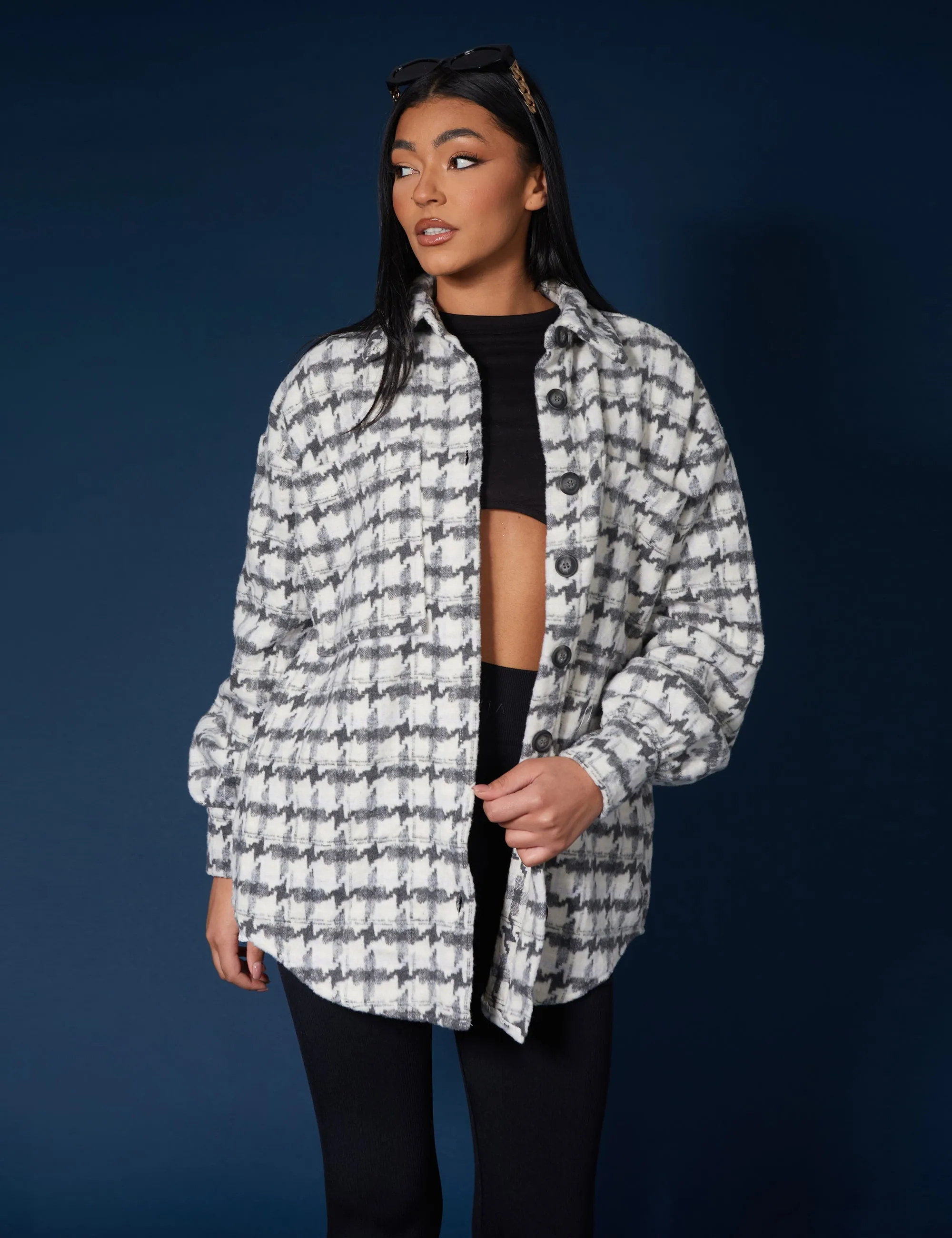 Oversized Houndstooth Shacket Grey