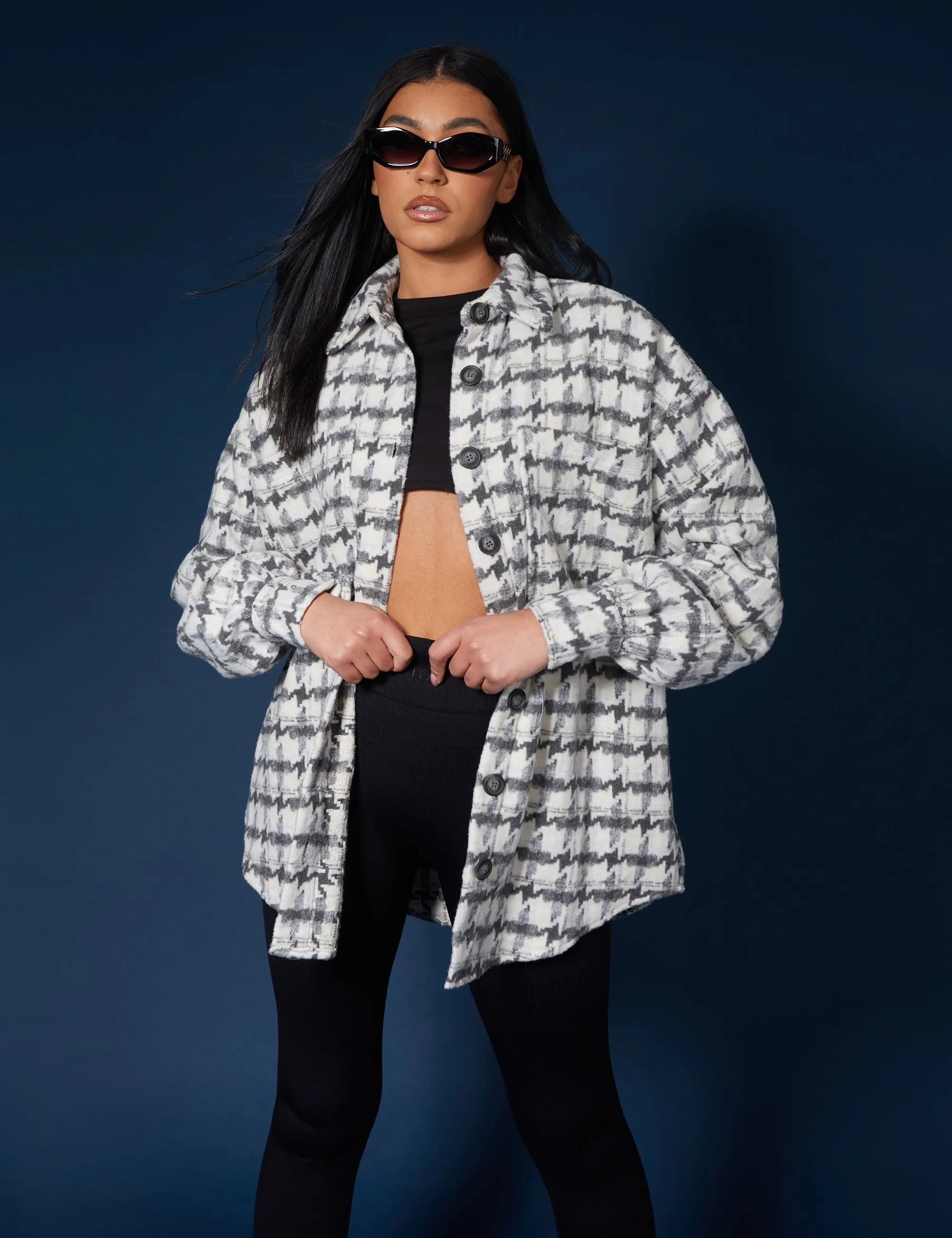 Oversized Houndstooth Shacket Grey