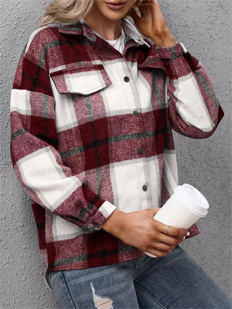 Padded plaid shacket loose plush jacket