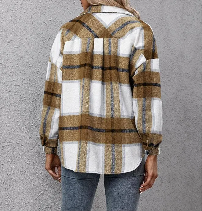 Padded plaid shacket loose plush jacket