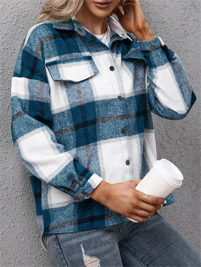 Padded plaid shacket loose plush jacket