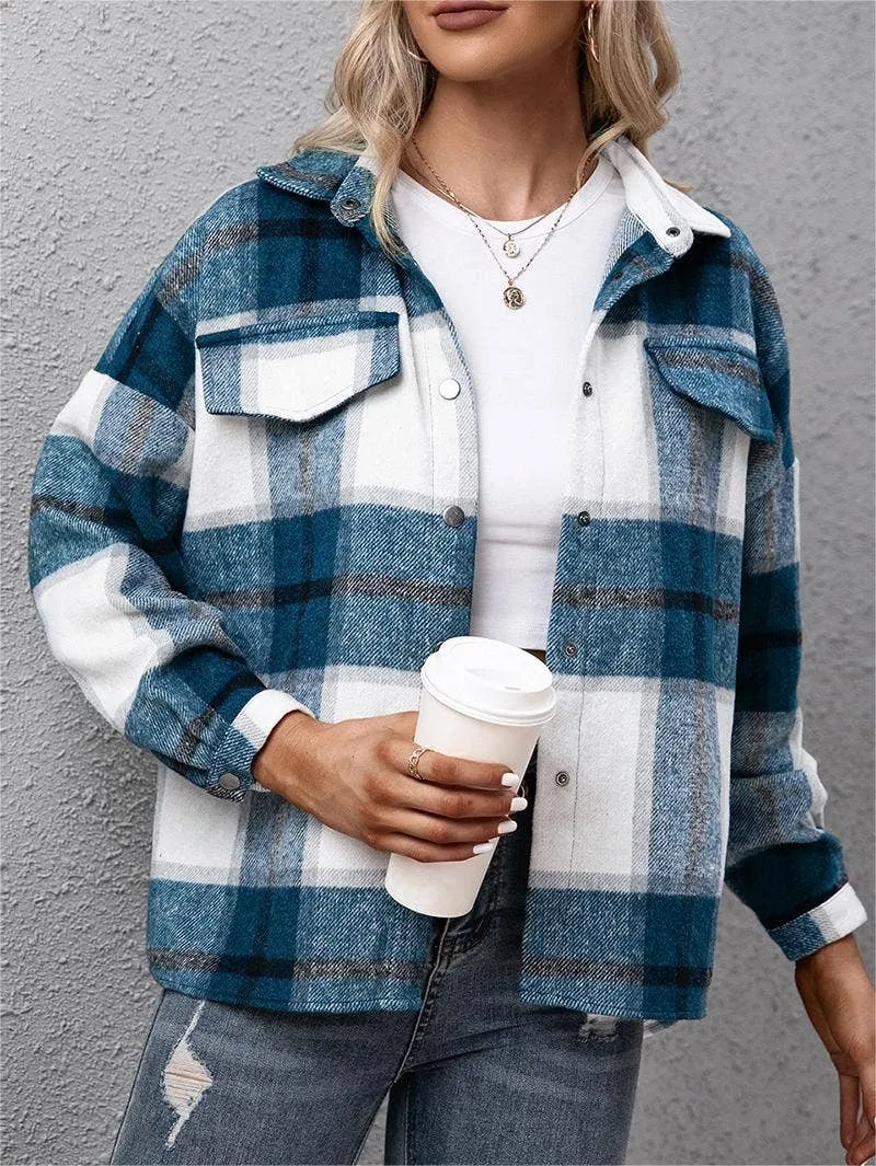 Padded plaid shacket loose plush jacket