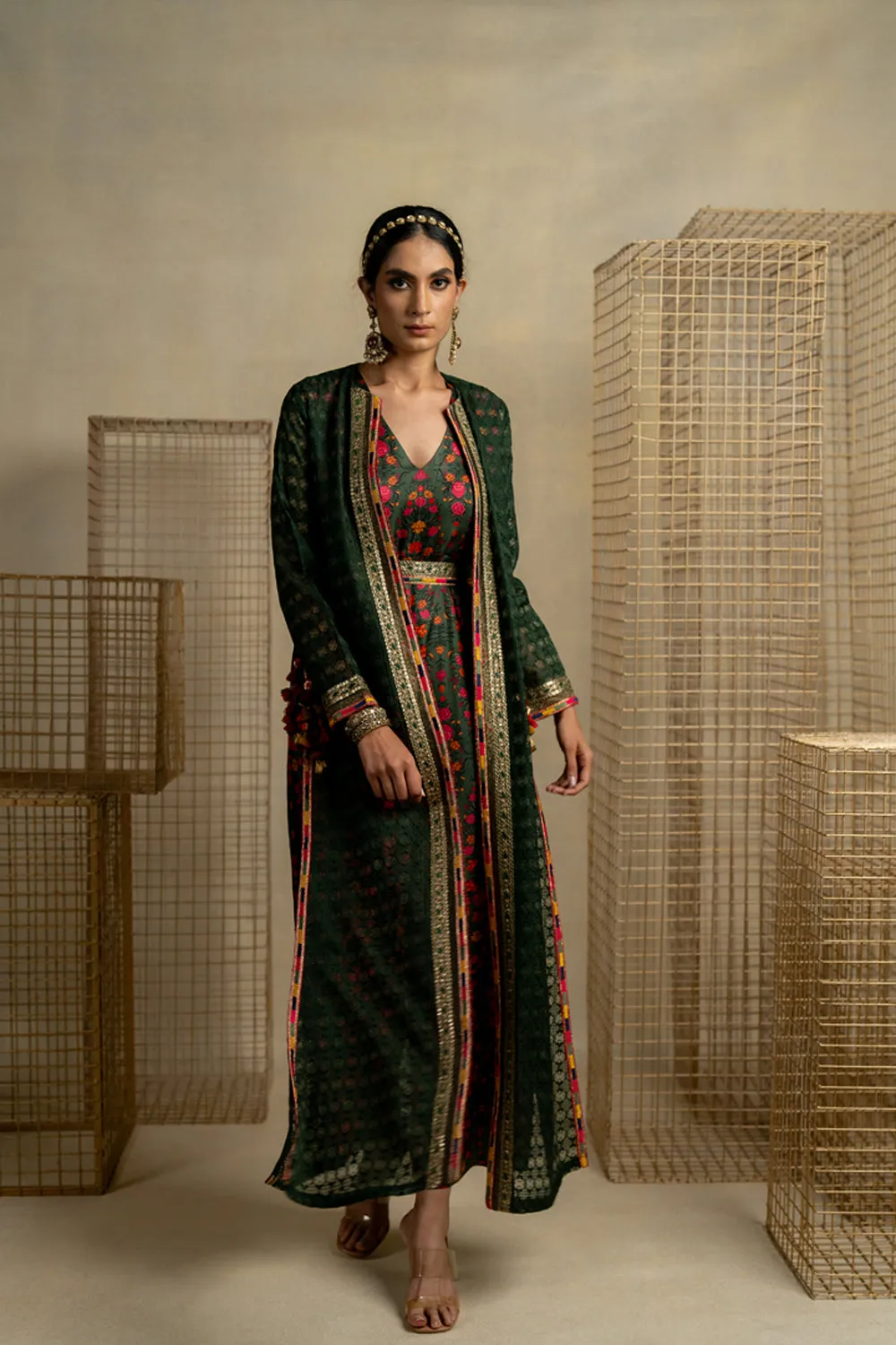 Phulvari Mehndi Jumpsuit With Embroidered Organza Jacket And Belt