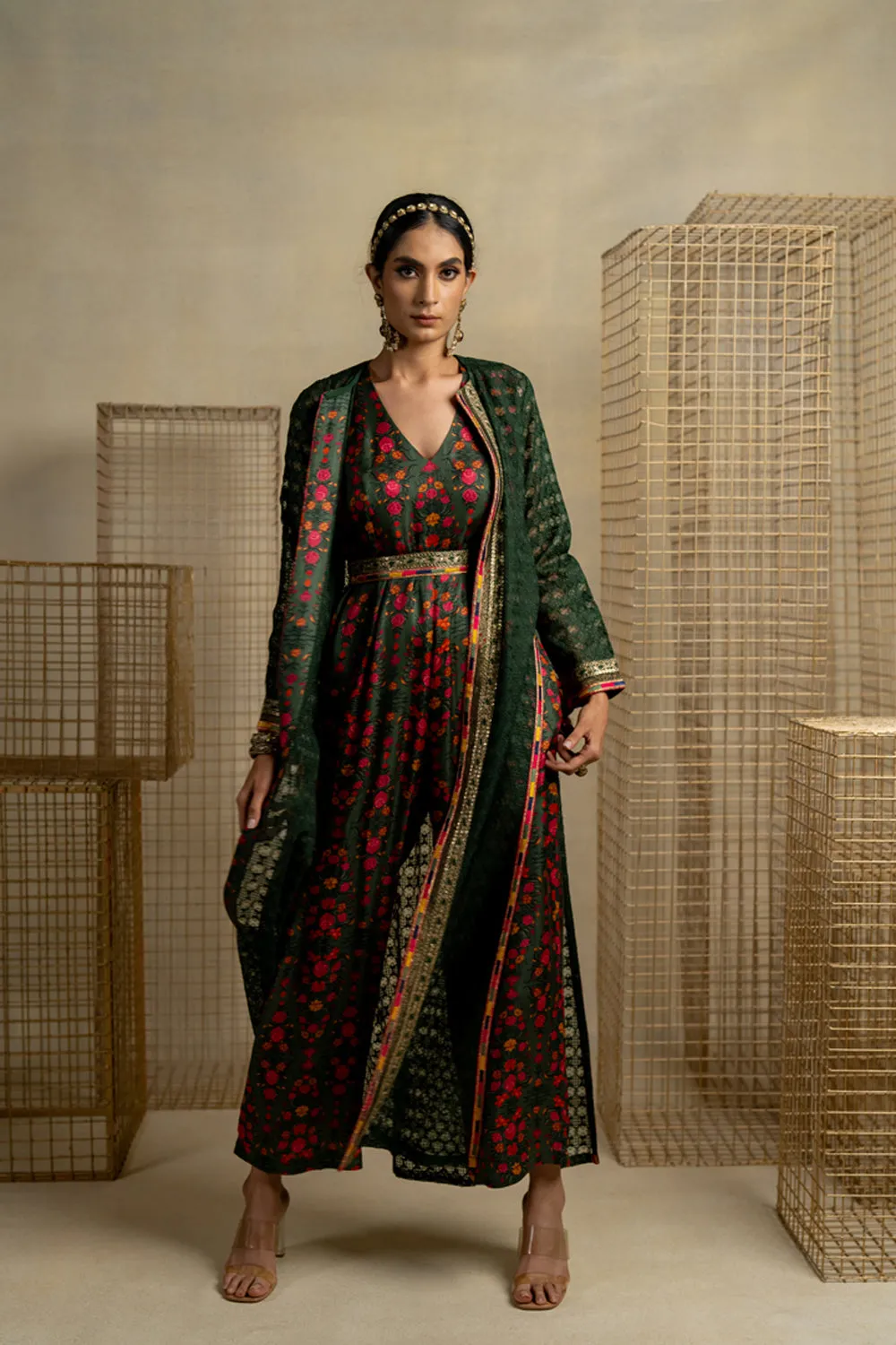 Phulvari Mehndi Jumpsuit With Embroidered Organza Jacket And Belt