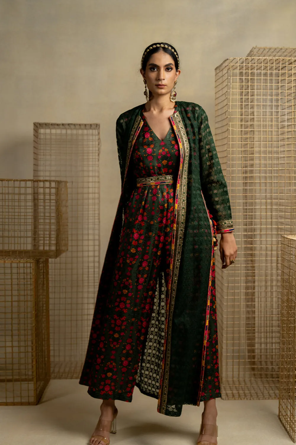 Phulvari Mehndi Jumpsuit With Embroidered Organza Jacket And Belt