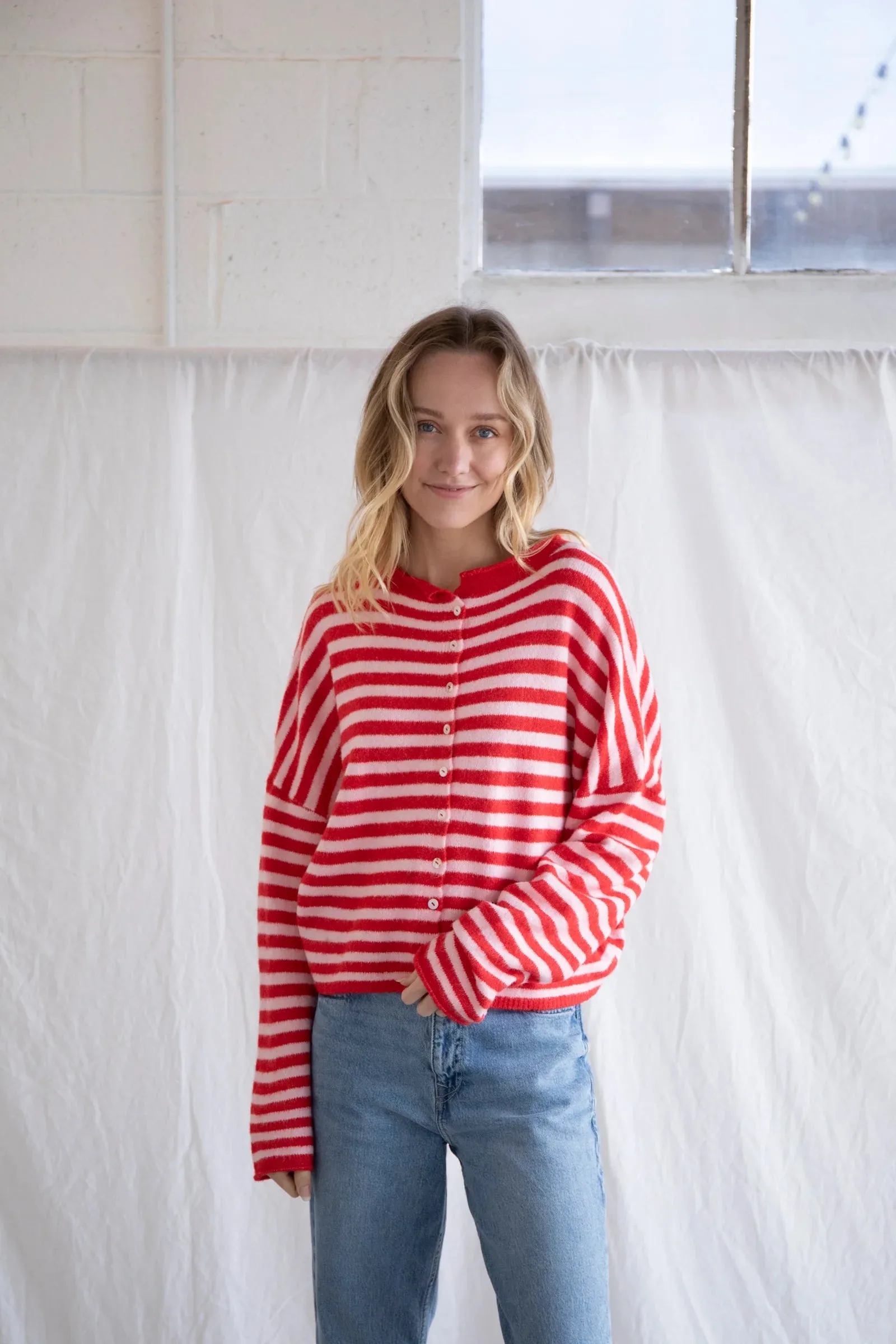 Piper Striped Cardigan - Pink Red