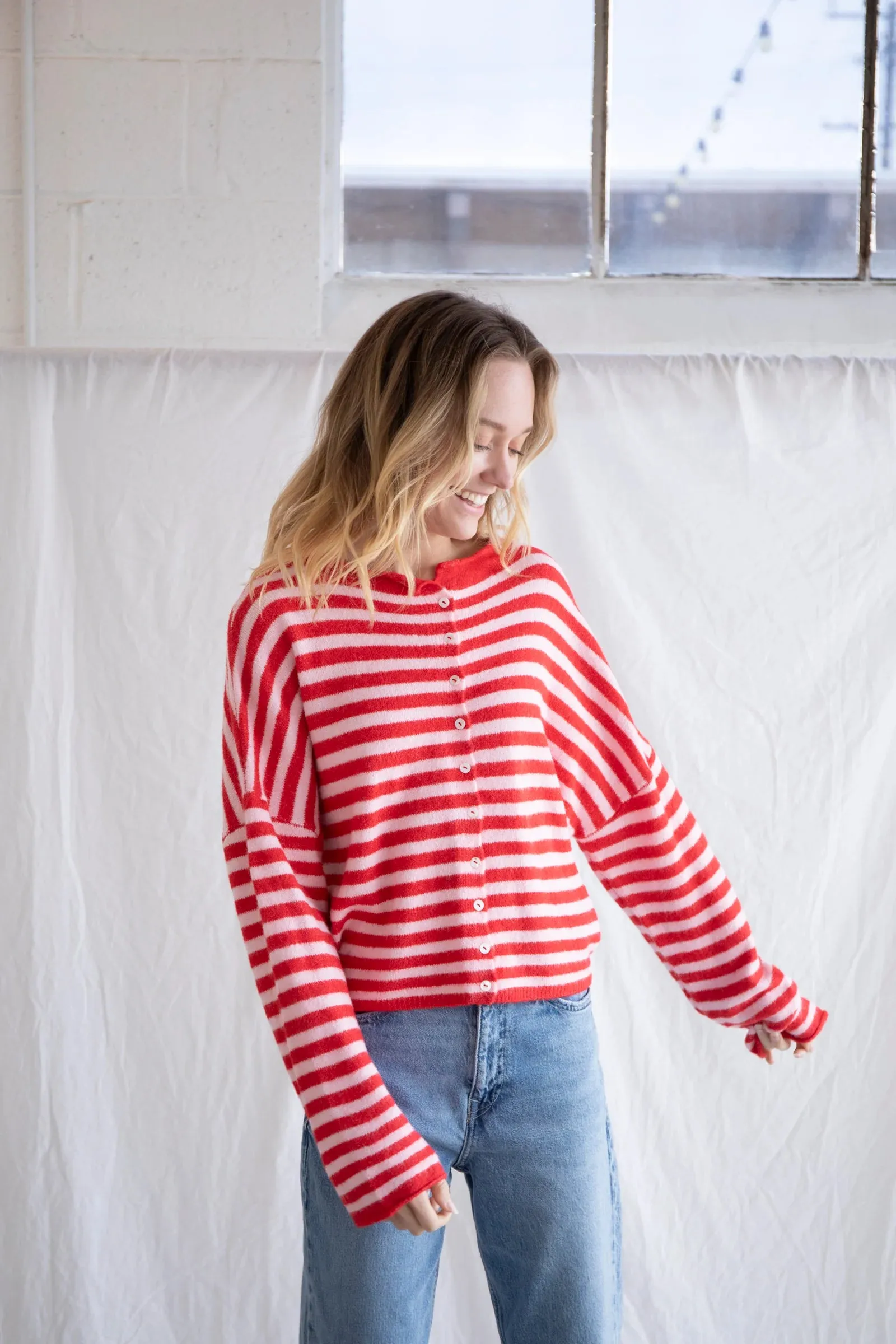 Piper Striped Cardigan - Pink Red