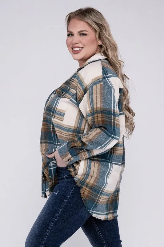 Plus Size Yarn Dyed Plaid Shirt Jacket