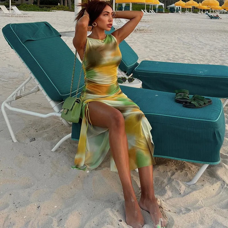 Printed Mesh See through Sexy Sleeveless Round Neck Split Dress Beach