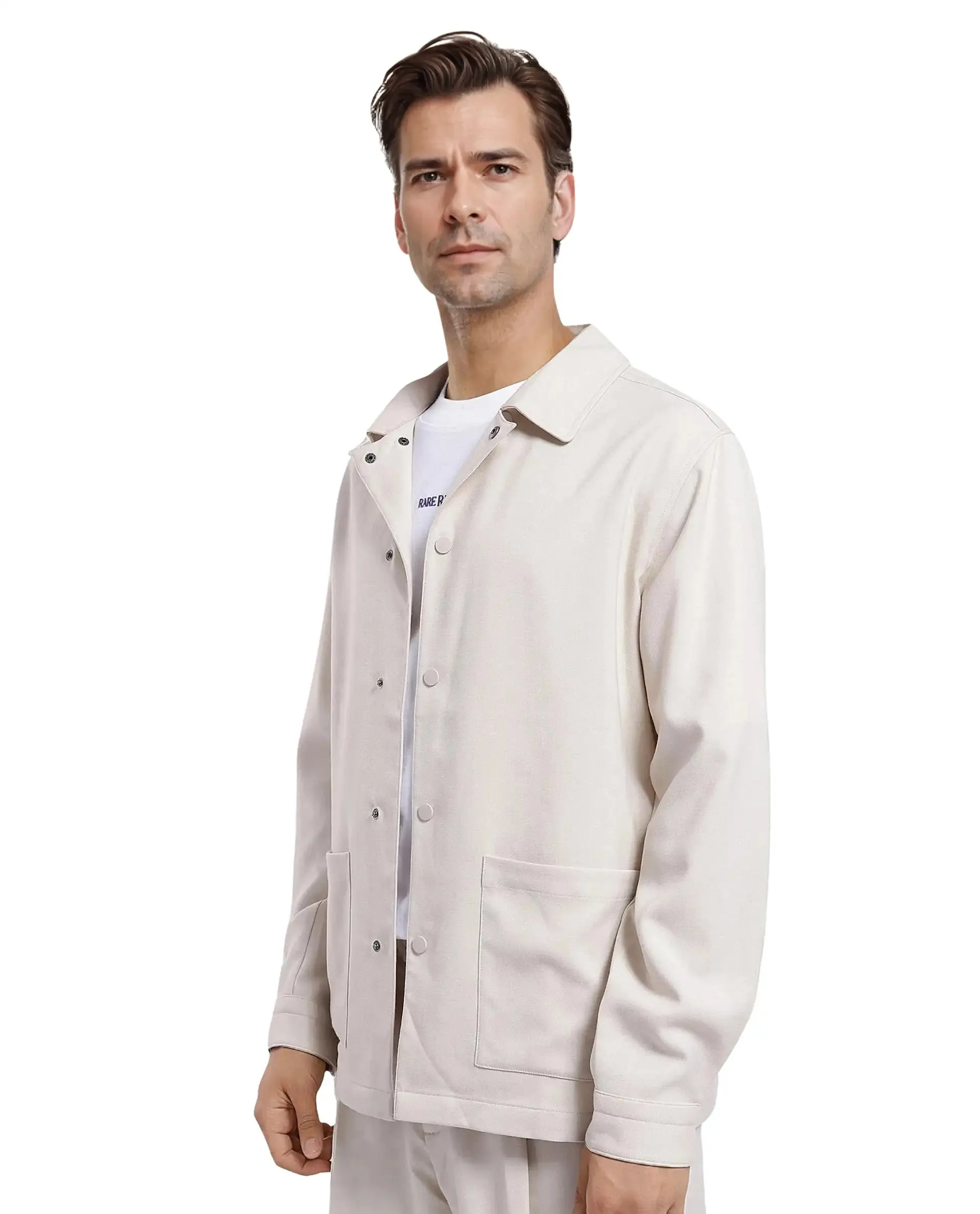 Rare Rabbit Men Brant Off White Polyester Rayon Fabric Full Sleeve Spread Collar Snap Button Closure Relaxed Fit Shacket