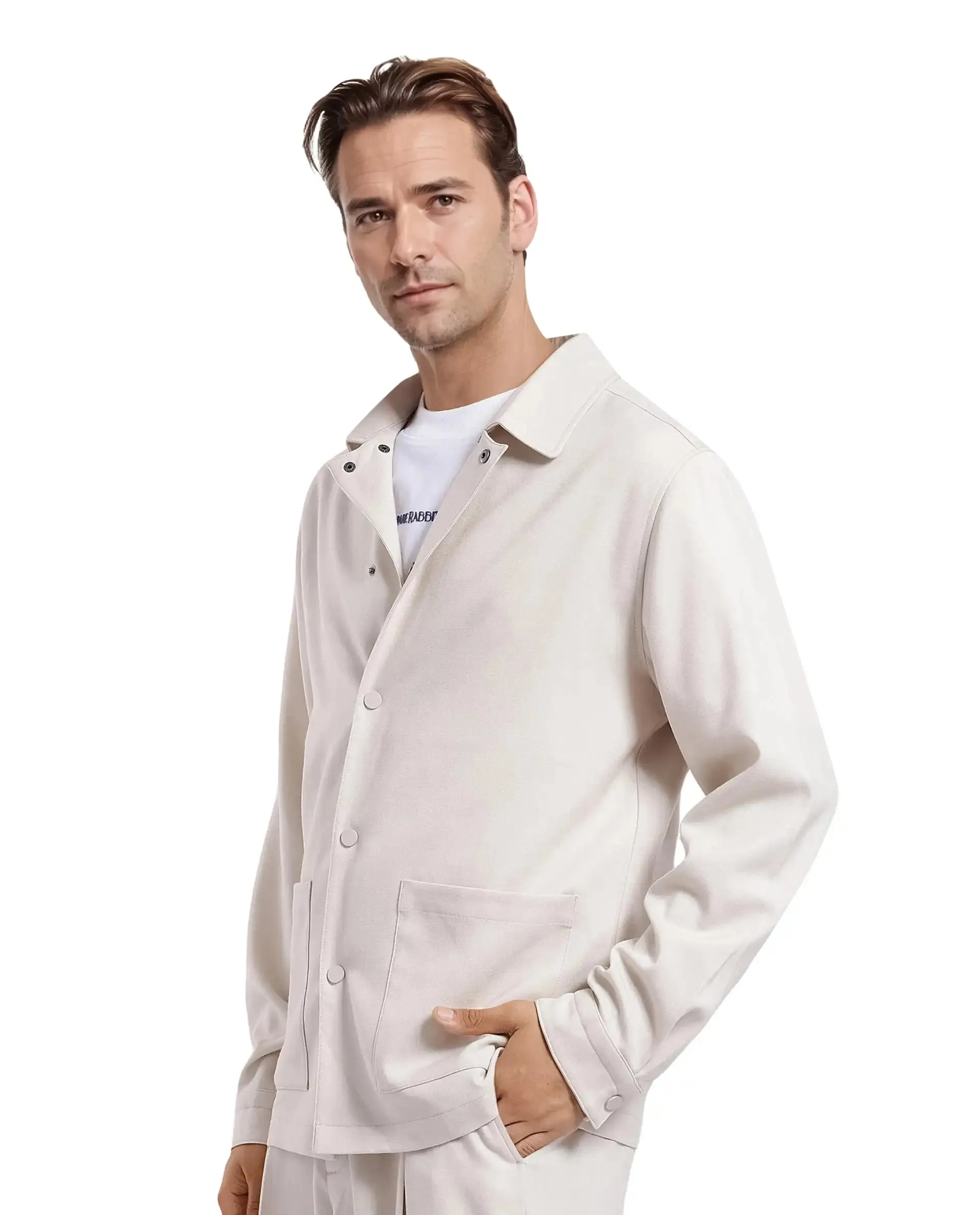 Rare Rabbit Men Brant Off White Polyester Rayon Fabric Full Sleeve Spread Collar Snap Button Closure Relaxed Fit Shacket