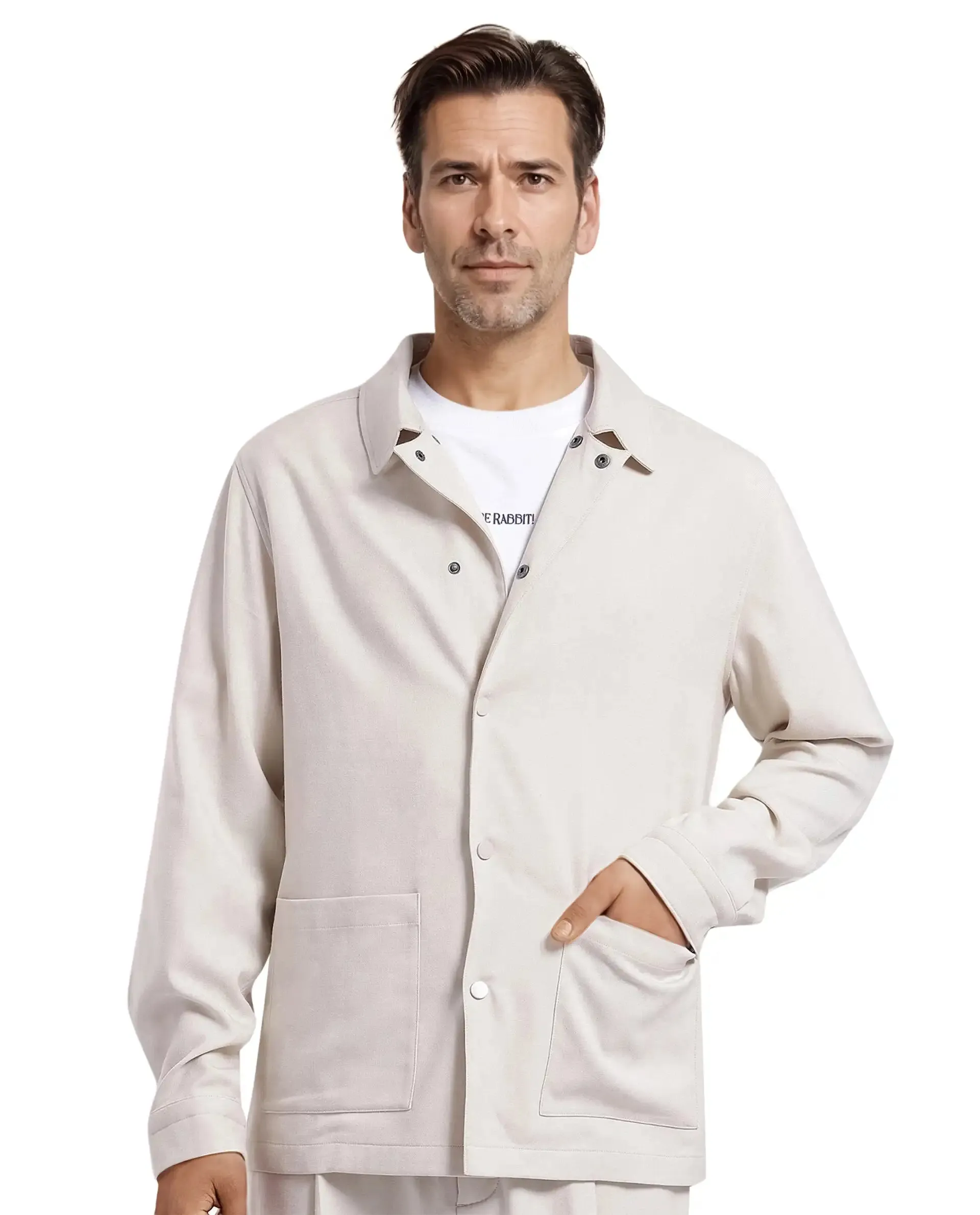 Rare Rabbit Men Brant Off White Polyester Rayon Fabric Full Sleeve Spread Collar Snap Button Closure Relaxed Fit Shacket