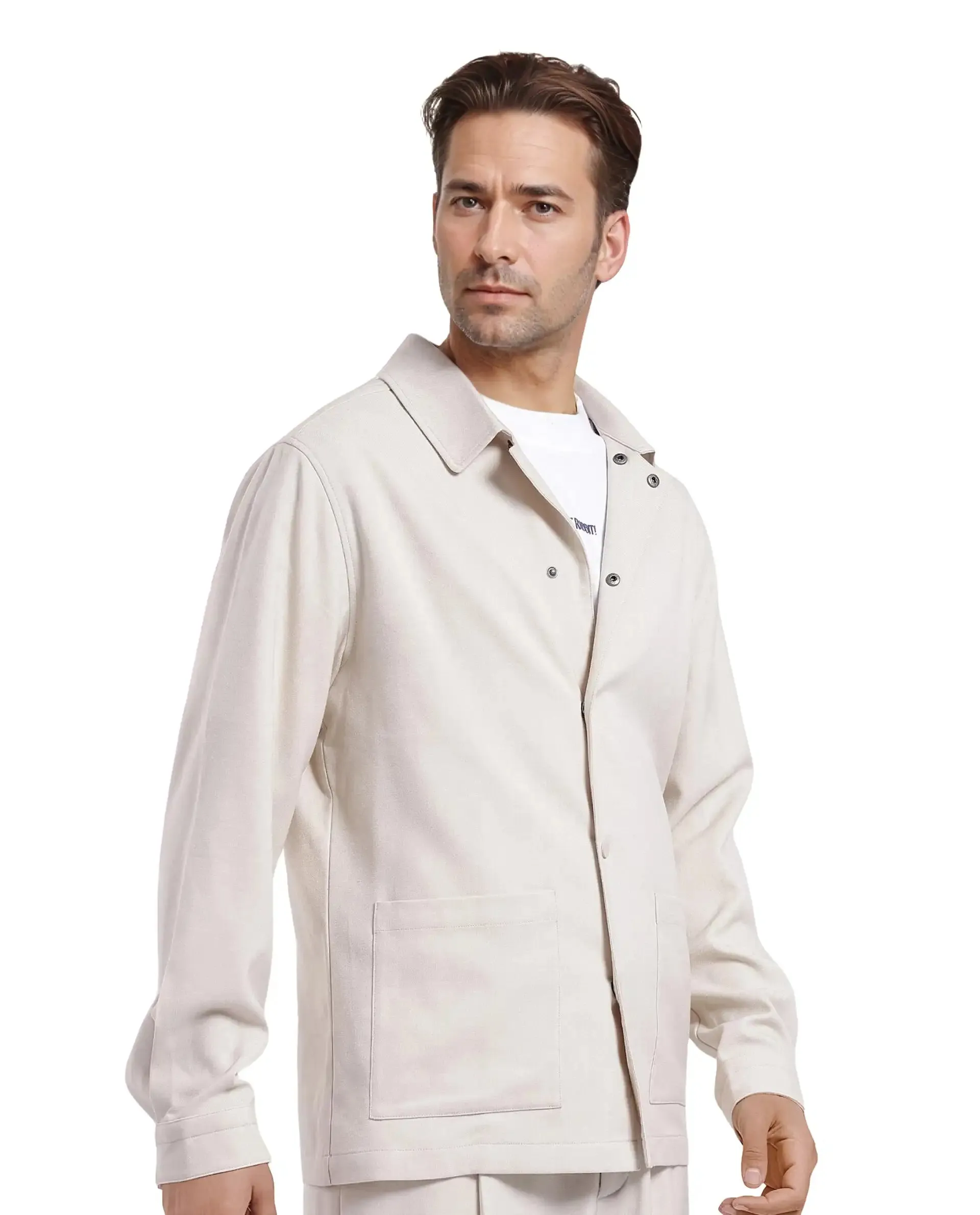 Rare Rabbit Men Brant Off White Polyester Rayon Fabric Full Sleeve Spread Collar Snap Button Closure Relaxed Fit Shacket