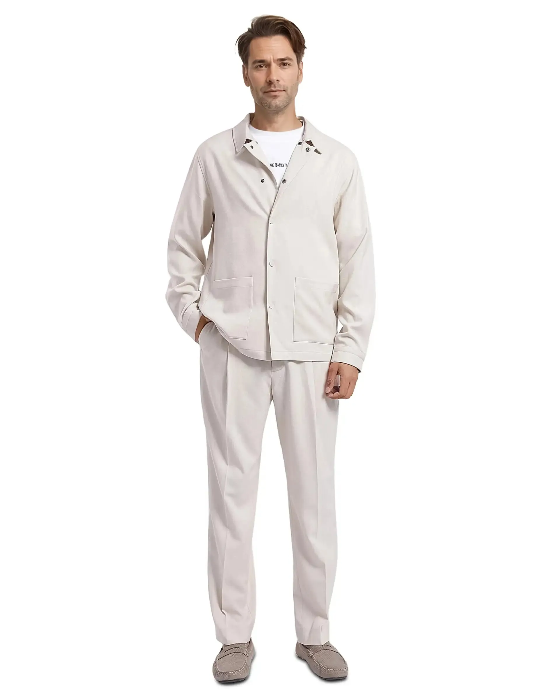 Rare Rabbit Men Brant Off White Polyester Rayon Fabric Full Sleeve Spread Collar Snap Button Closure Relaxed Fit Shacket