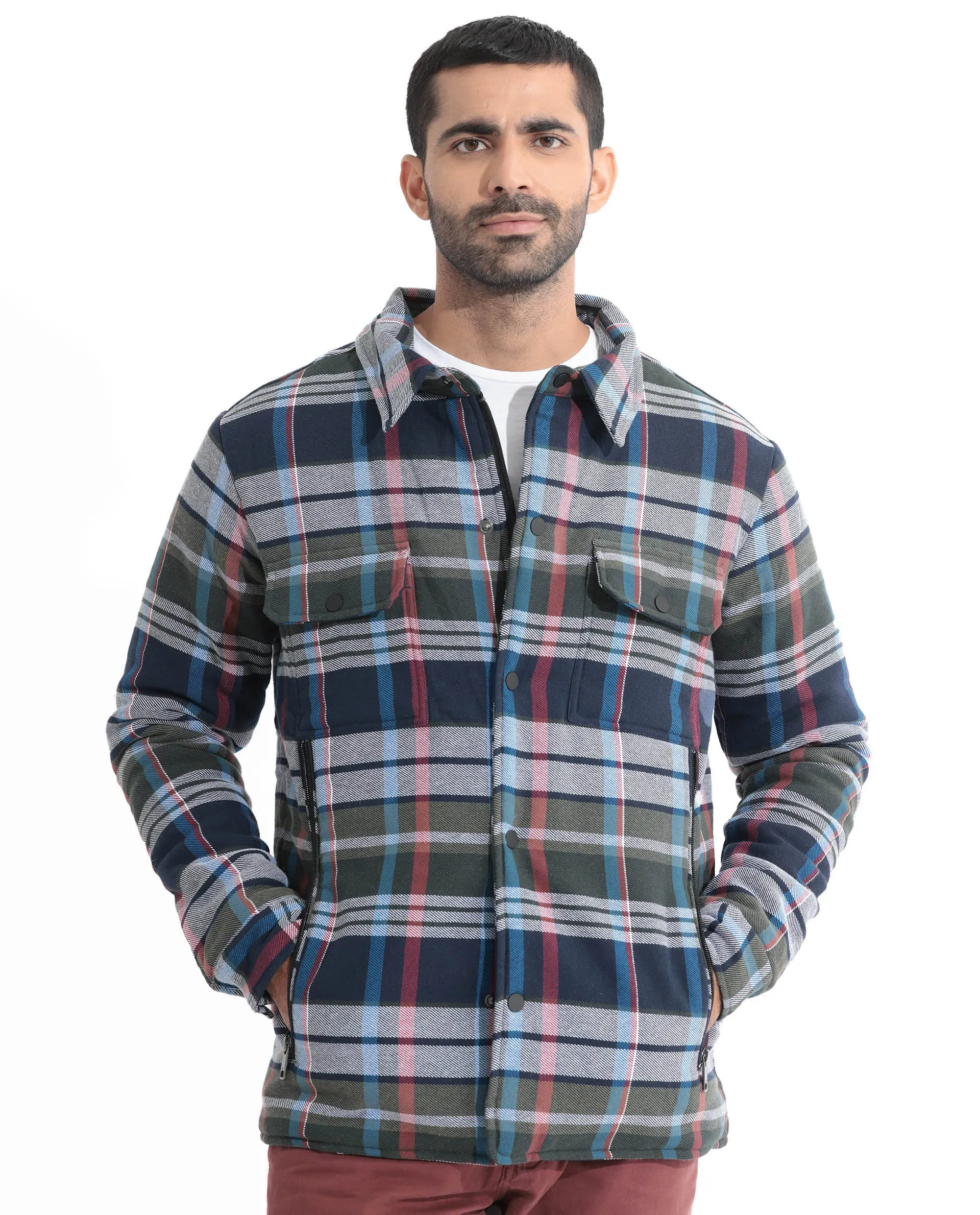 Rare Rabbit Men's Hollis Blue Regular Collar Checks Shacket