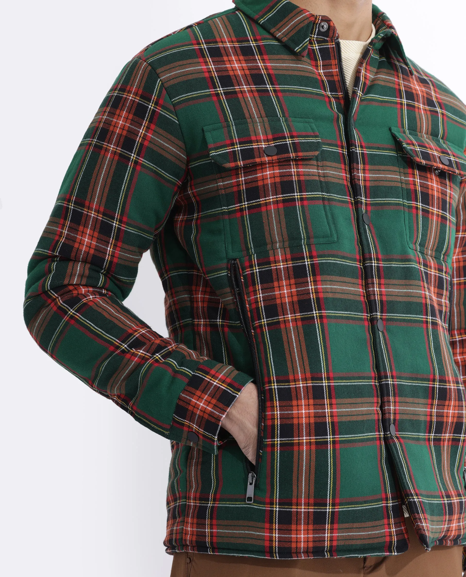 Rare Rabbit Men's Hollis Green Regular Collar Checks Shacket