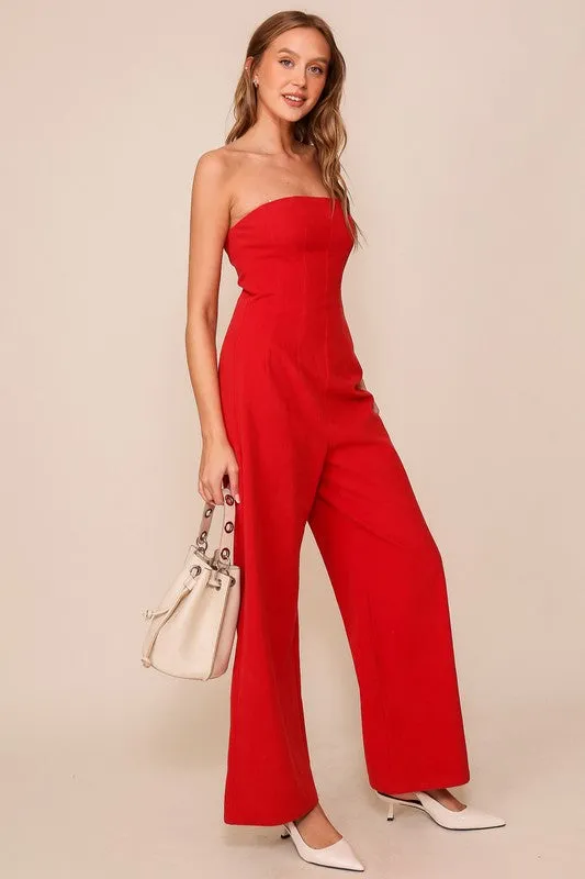 Red Strapless Wide Leg Jumpsuit