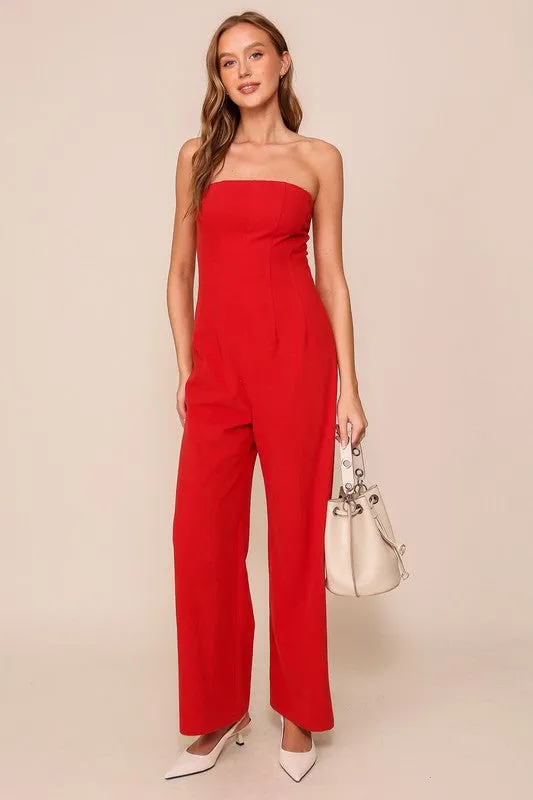 Red Strapless Wide Leg Jumpsuit