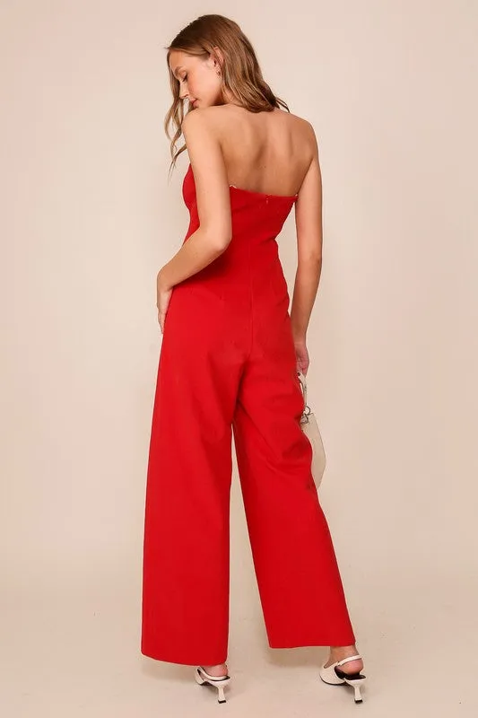 Red Strapless Wide Leg Jumpsuit