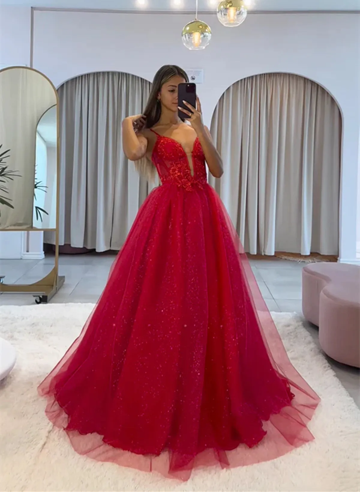 Red Tulle V-neckline Straps Long Evening Dress Prom Dress, Red Tulle Party Dress