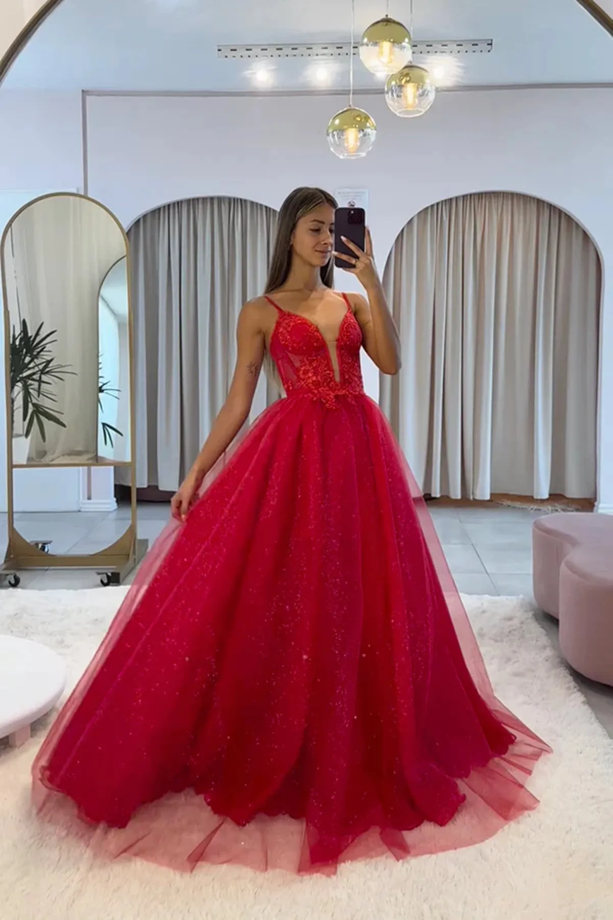 Red Tulle V-neckline Straps Long Evening Dress Prom Dress, Red Tulle Party Dress