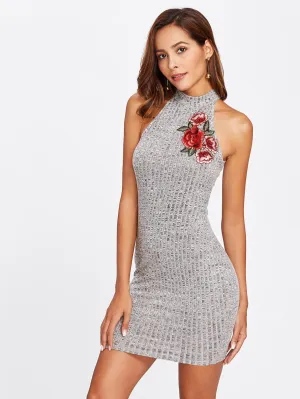 Rose embroidery high neck bodycon dress